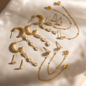 Classic 18K gold plated stainless steel teardrop and tassel rhinestone earrings set