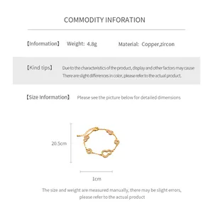 Detailed spec sheet of 24k gold plated bracelet showing 20.5cm length and zircon charm