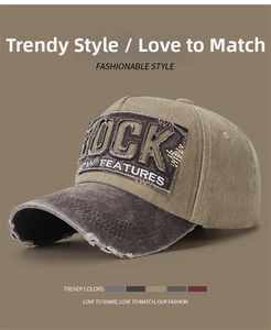 Détail d'une casquette vintage vieillie avec broderie ROCK et bordure effilochée usée