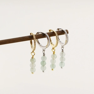 Detailed shot of s925 silver beaded earrings with green aventurine and pavé zircons