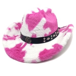 Detail of pink cow print plush cowboy hat with studded leather band and buckle