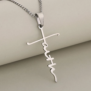 Elegant silver stainless steel cross necklace with cursive faith lettering pendant