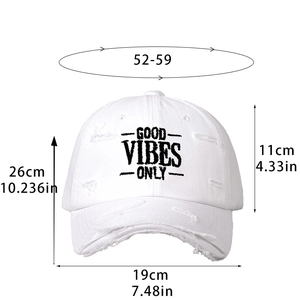 White distressed baseball cap with Good Vibes Only embroidery and size specifications