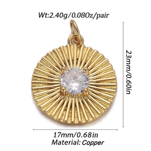 Detail view of a 17mm gold plated donut pendant with zircon and dimensions specified