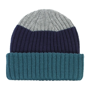 Close-up of tricolor ribbed knit beanie in light grey, dark blue, and teal for kids