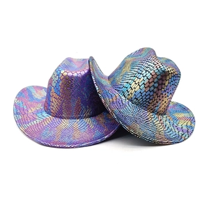 Western holographic snake pattern cowboy hats in purple and gold metallic finishes