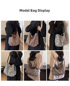 Collage of model wearing leopard print canvas tote bags in brown and black colors