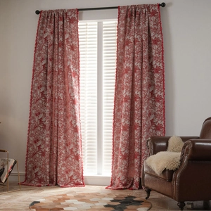 Christmas red palm print curtains with decorative pom-pom trim for cozy home window decor