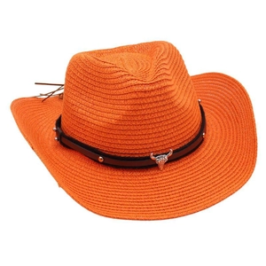 Detail of orange woven cowboy hat with bull head buckle and silver studded black band