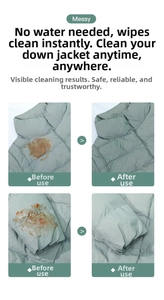Down jacket cleaning wipes showing collar and cuff stain removal effect before and after