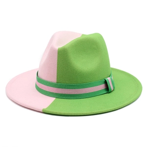 Two-tone pink and green wool fedora hat with wide brim and matching striped band
