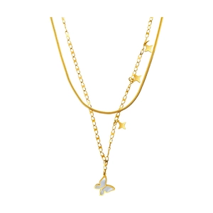 Double-layered gold titanium steel necklace featuring star charms and a butterfly pendant