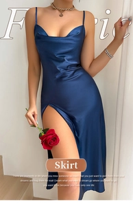 Detail of navy blue satin slip dress featuring cowl neck and high slit design