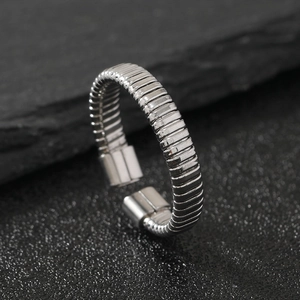 Minimalist silver irregular texture C-shaped adjustable stainless steel ring for women