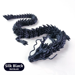 Macro shot of silk black 3D printed articulated dragon with realistic satin texture