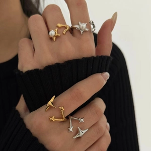 Stainless Steel Star Starfish Artificial Pearl Open Ring Adjustable Minimalist Jewelry For Women