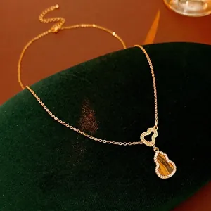 Adjustable golden gourd necklace with tiger eye stone and white zircon inlays