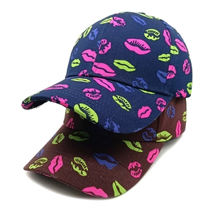 Navy and brown baseball caps with colorful lip prints for outdoor fashion and sun protection