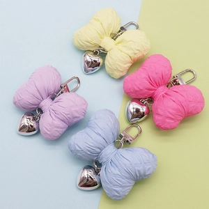 Sweet Quilted Fabric Bowknot Keychain With Metal Heart Pendant Bag Charm For Women Korean Style Accessory