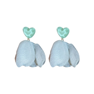 Green resin heart earrings with blue chiffon flower petals for a sweet vacation style