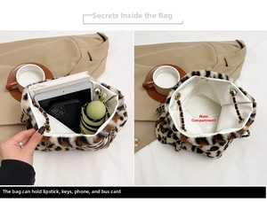 Detail view showing internal capacity of leopard print faux fur chain bag with daily items