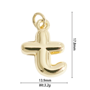 Polished gold bubble letter T pendant with 17.8mm height and 13.9mm width dimensions