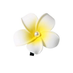 Tropical white and yellow plumeria flower hair clip with center pearl for beach vacations
