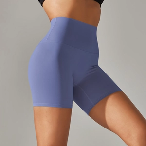 Close-up of high-waisted blue-purple yoga shorts with a soft matte brushed texture