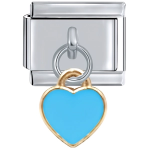 Macro view of a modular stainless steel heart charm link with blue enamel and gold trim