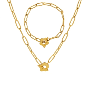 Titanium Steel Necklace And Bracelet Flower Toggle Clasp Paperclip Chain Minimalist Gold Plated Jewelry For Women