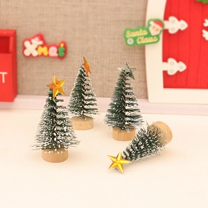 Miniature Christmas Tree Ornament Snow Flocked Mini Xmas Tree With Wood Base Gold Star DIY Micro Landscape Decor