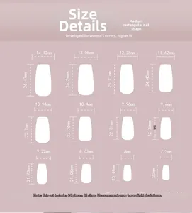 Size chart for medium long square press-on nails showing 24 pieces in 12 precise dimensions