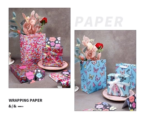 Detailed set of pink fish scale and blue butterfly gift wrap with ribbons and cards