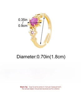 Dimensioni dettagliate dell'anello in rame girasole dorato con perla e zircone viola