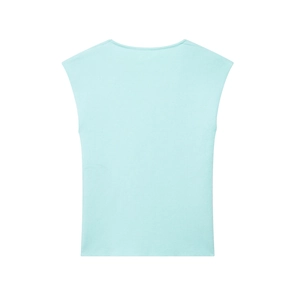 Macro shot of the knitted texture and stitching on the back of this mint green tank top