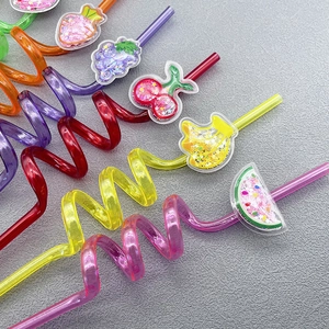 Reusable spiral plastic straws with glitter fruit charms like strawberry and watermelon
