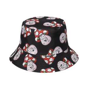 Double-sided sun hat with cute cartoon mushroom print on black canvas bucket hat for women