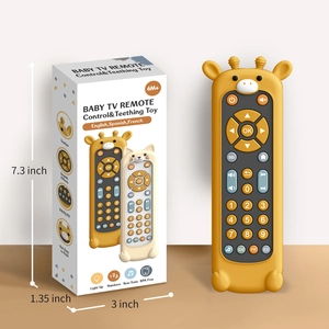 Detail of giraffe baby TV remote toy showing English, Spanish, French language modes