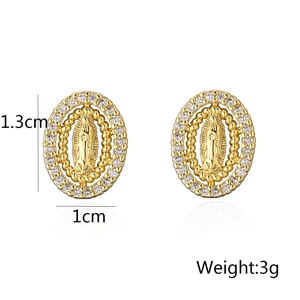Macro detail of 18K gold plated Virgin Mary earrings with zircon inlay and dimensions