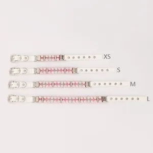 Size chart showing leather pet collars with pink pearls and rhinestones in XS to L sizes