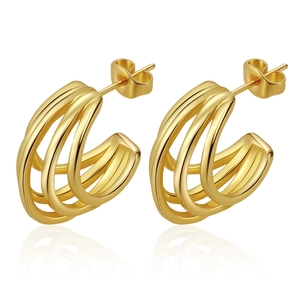 Modern multilayer 18K gold-plated stainless steel hoop earrings with glossy finish