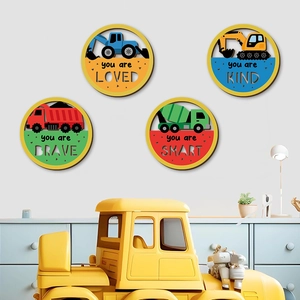 Lot de 4 décorations murales en bois avec véhicules de chantier pour chambre d'enfant