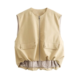 Ärmellose Damen Weste in Beige mit Reißverschluss und verstellbarem Kordelzug am Saum