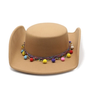 Ethnic style camel wool felt western cowboy hat with colorful woven band and pom-poms