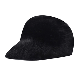 Detailed view of the soft black plush texture and side profile of the faux fur baseball cap