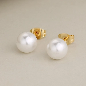 Classic round white pearl stud earrings with elegant gold plated stainless steel posts