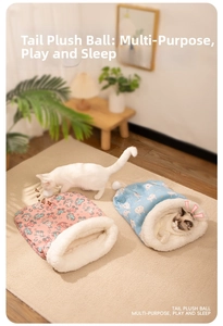 Cozy plush pet sleeping bag with cute animal prints and soft faux fur lining for cats