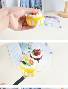 Detailed close-up of slow rebound PU foam cake models with realistic cream and fruit toppings