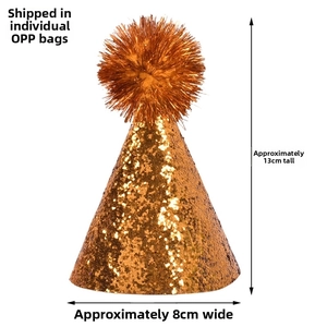 Detail of gold sequin pet party hat showing size 13cm height and 8cm width dimensions