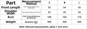 Detailed size guide table for beaded embroidered vest with measurements for S, M and L